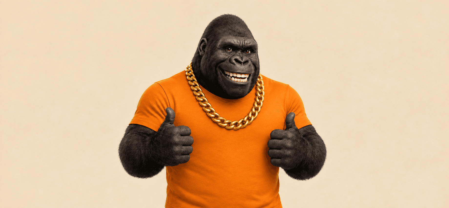 Kong, a smiling gorilla mascot in an orange T-shirt and gold chain, giving two thumbs up